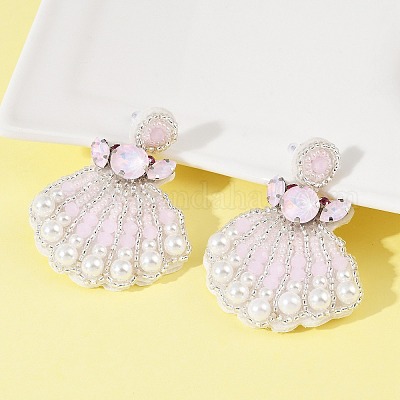 Серьги-гвоздики из стеклянных бусин в форме ракушки EJEW-S273-02-1