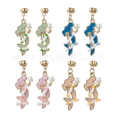 Серьги-гвоздики из нержавеющей стали 304 в форме русалки со стеклянными бусинами EJEW-MZ00460-1