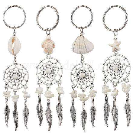 2 комплект брелоков из сплава в тибетском стиле с натуральными ракушками и синтетической бирюзой KEYC-SP0001-33-1