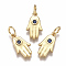 Brass Micro Pave Cubic Zirconia Charms, with Jump Ring, Long-Lasting Plated, Hamsa Hand/Hand of Fatima/Hand of Miriam, Blue, Real 18K Gold Plated, 14x8x2mm, Hole: 3mm