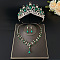 Teardrop Alloy Rhinestone Pendant Necklaces & Stud Dangle Earrings & Crown Hair Band Sets, Emerald, 450mm