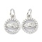 Brass Cubic Zirconia Charms, with Jump Ring, Long-Lasting Plated, Lead Free & Cadmium Free, Flat Round with Eye Pattern, Real Platinum Plated, 11x9x2.8mm