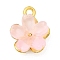 Alloy Glass Charms, Flower, Golden, Pink, 13.5x11x5.5mm, Hole: 1.6mm