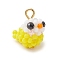 Glass Seed Beaded Bird Charms, with Natural Black Spinel Beads & Glass Pearl & Golden Iron Loop, Yellow, 16x10.5x13.5mm, Hole: 2.5mm