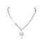 Flower Glass Seed Bead & Shell Pearl Pendant Necklaces, Iron Paperclip Chain Necklaces, Platinum, 20.39 inch(51.8cm)
