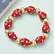 Brass & Lampwork Beaded Stretch Bracelets for Women, Strawberry, Rack Plating, Lead Free & Cadmium Free, Long-Lasting Plated, Real 18K Gold Plated, Red, Inner Diameter: 2 inch(5.2cm)