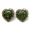 Glass Heart with Rose Stud Earrings, Antique Golden Alloy Earrings with 925 Sterling Silver Pins, Green, 32x31.5mm