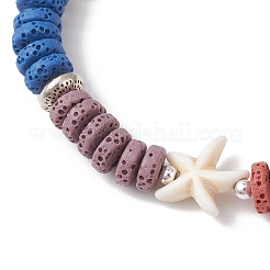 Плоские круглые эластичные браслеты из натурального камня лавы и ракушек с жемчугом для женщин&nbsp;BJEW-JB12141-02