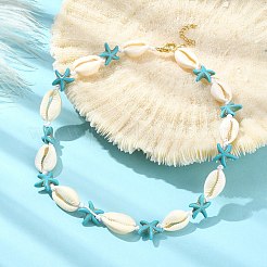 Ожерелье из натуральных ракушек и синтетической бирюзы в виде морской звезды с застежками из нержавеющей стали 304 X-NJEW-TA00107-01