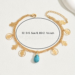 Двухслойные браслеты на ногу из богемской латуни и синтетической бирюзы с подвеской в виде капли хамсы&nbsp;NG3881