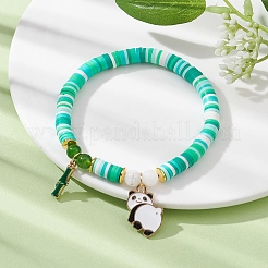 Диск из полимерной глины и эластичный браслет из натурального малайзийского нефрита и тайваньского нефрита BJEW-JB09652-02