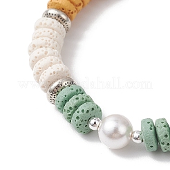 Плоские круглые эластичные браслеты из натурального камня лавы и ракушек с жемчугом для женщин&nbsp;BJEW-JB12141-02