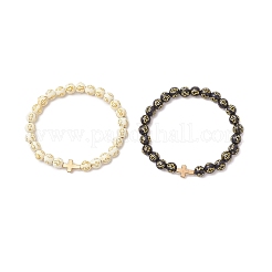 2шт 2 цвета позолоченные акриловые круглые бусины эластичные браслеты для мужчин и женщин BJEW-JB12080