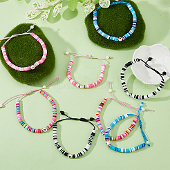 4 набор из 4-х цветных браслетов из полимерной глины Heishi Surfer с плетеными бусинами&nbsp;BJEW-FI0001-68