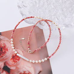 Ожерелья из натурального барочного жемчуга и ограненного круглого натурального родонита с цепочками на концах из стерлингового серебра 925 пробы IT7630