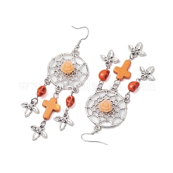 Серьги-подвески из плетенной паутины/сетки с крестом и черепом из синтетической бирюзы EJEW-JE05865-03