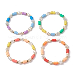 4шт 4 цвета плоские круглые полимерные глиняные бусины эластичные браслеты для женщин BJEW-JB11647