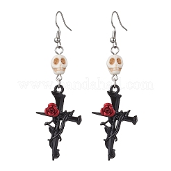 3 пара двухцветных сережек-подвесок из сплава синтетической бирюзы с цветочным узором на Хэллоуин EJEW-JE06483