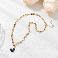 Женские цепочки из нержавеющей стали 304 с подвеской в виде черного сердца из сплава эмали&nbsp;NJEW-JN05565