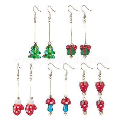 5 пара серег-подвесок из латуни и стекла с рождественской тематикой EJEW-JE06544-1