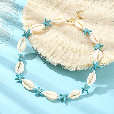 Ожерелье из натуральных ракушек и синтетической бирюзы в виде морской звезды с застежками из нержавеющей стали 304 X-NJEW-TA00107-01-1