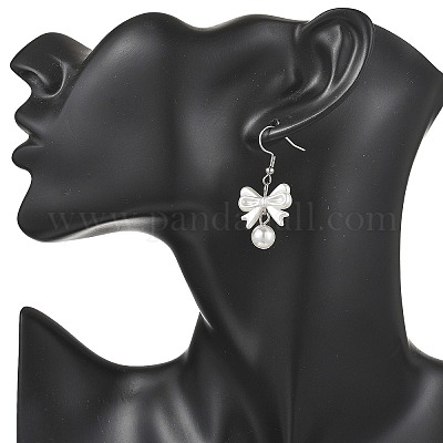 Серьги-подвески из искусственного жемчуга с бантом из АБС-пластика EJEW-JE06774-1