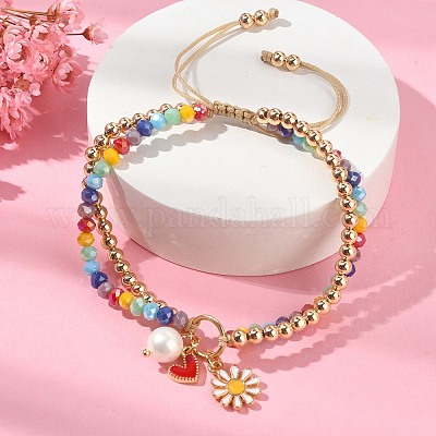 Браслет с эмалью в форме сердца и ромашки и жемчугом-ракушкой BJEW-TA00383-1