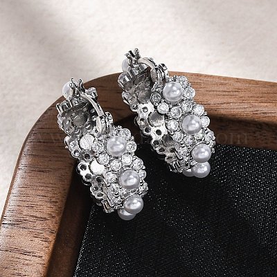 Серьги-кольца из искусственного жемчуга с цветком из латуни и АБС-пластика EJEW-R016-22P-1