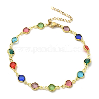 304 нержавеющая сталь плоские круглые акриловые стразы чашечные браслеты на ногу цепи для женщин&nbsp;LS-AJEW-B031-02G-02-1