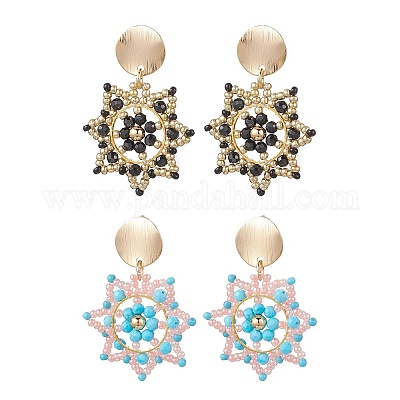 Серьги-гвоздики с цветком из стеклянных бусин ручной работы EJEW-MZ00570-1