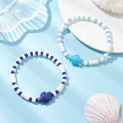 2 комплект браслетов из фарфора и стеклянных бусин ручной работы в виде черепахи BJEW-JB12654-1