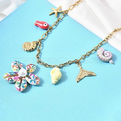 Подвеска в форме рыбы из натуральной ракушки каури с цветочным принтом и керамикой NJEW-A063-03G-1