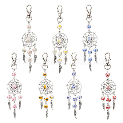 Фарфор с цветочным принтом и плетеная сетка из сплава с подвесными украшениями в виде перьев HJEW-JM04142-1