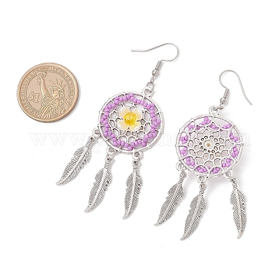 Плоские круглые с перьями стеклянные бусины ручной работы серьги-люстры EJEW-MZ00473-01-1