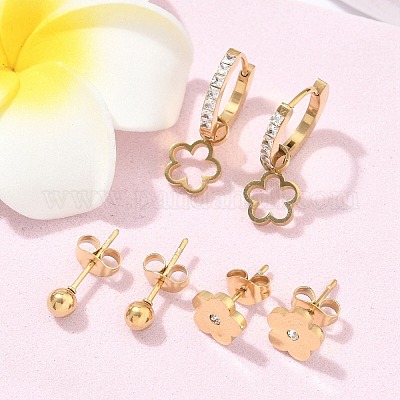 Комплекты из 304 нержавеющей стали со стразами в виде цветка и круглых серег EJEW-Z098-12G-1