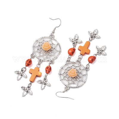 Серьги-подвески из плетенной паутины/сетки с крестом и черепом из синтетической бирюзы EJEW-JE05865-03-1