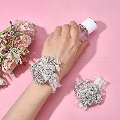 Корсаж на запястье из шелковой ткани и цинкового сплава с кристаллами и стразами AJEW-WH0314-928-1