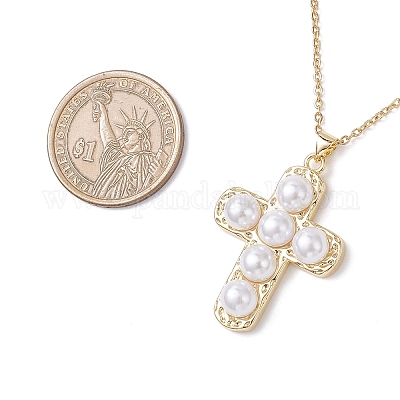 Подвеска-крестик из искусственного жемчуга ABS и латуни NJEW-JN05413-1