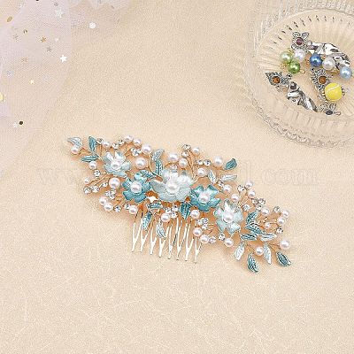 Расчески для волос из сплава со стразами и жемчугом&nbsp;MRMJ-WH0077-061LG-1