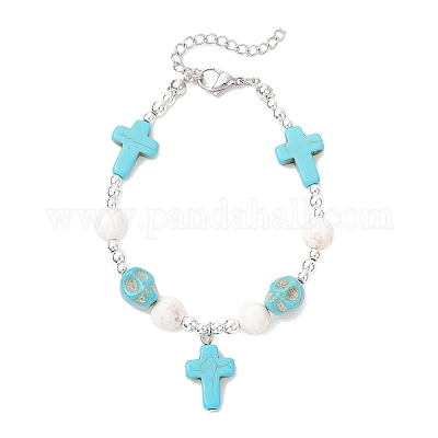 Браслеты с подвесками в виде черепа из латуни с синтетической бирюзой BJEW-JB12192-01-1