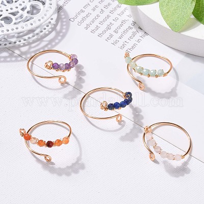 Круглое кольцо-манжета с натуральным драгоценным камнем и бусинами RJEW-JR00528-1