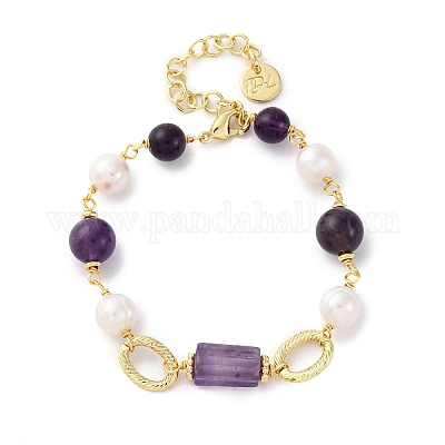 Браслеты из натуральных аметистов и жемчужин с круглыми бусинами для женщин BJEW-Q039-01G-1