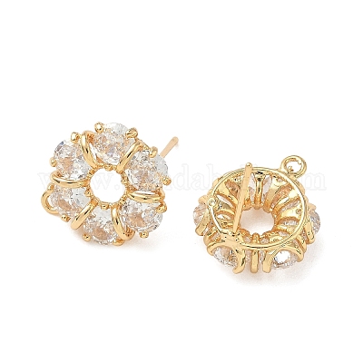 Плоские круглые латунные серьги-гвоздики с микропаве из прозрачных кубических цирконий KK-Z136-64G-1
