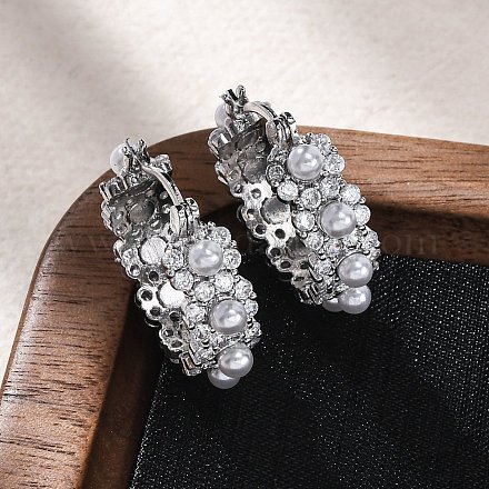 Серьги-кольца из искусственного жемчуга с цветком из латуни и АБС-пластика EJEW-R016-22P-1