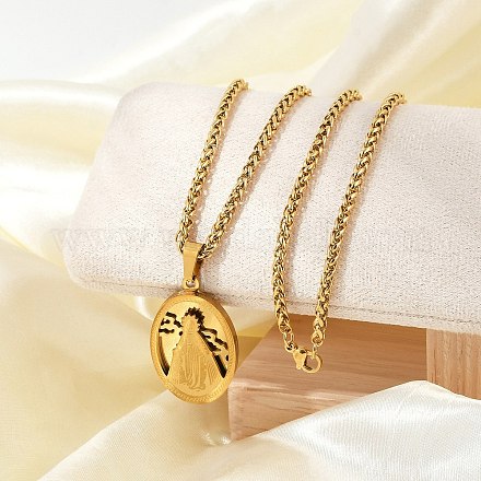 Мужские ожерелья из нержавеющей стали 201 с подвеской в виде Девы Марии и цепочкой из пшеницы NJEW-S387-09G-03-1