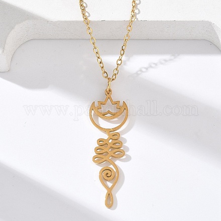 Ожерелья из полой нержавеющей стали 304 с подвеской в виде цветка лотоса в форме ом для йоги NJEW-Z073-02G-03-1
