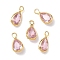 Brass with Cubic Zirconia Pendants, Teardrop Charms, Nickel Free, Real 18K Gold Plated, Pink, 9x4.5x2mm, Hole: 1.4mm