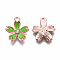 Rose Gold Tone Alloy Rhinestone Enamel Pendants, Flower Charms, Lawn Green, 18x16x4mm, Hole: 2mm