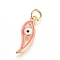 Golden Plated Brass Pendants, with Enamel and Jump Rings, Long-Lasting Plated, Evil Eye, Pink, 22.5x7.5x2.5mm, Hole: 3.5mm