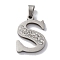 201 Stainless Steel Pendants, with Rhinestone, Letter, Letter S, 25x18x2mm, Hole: 6x3mm